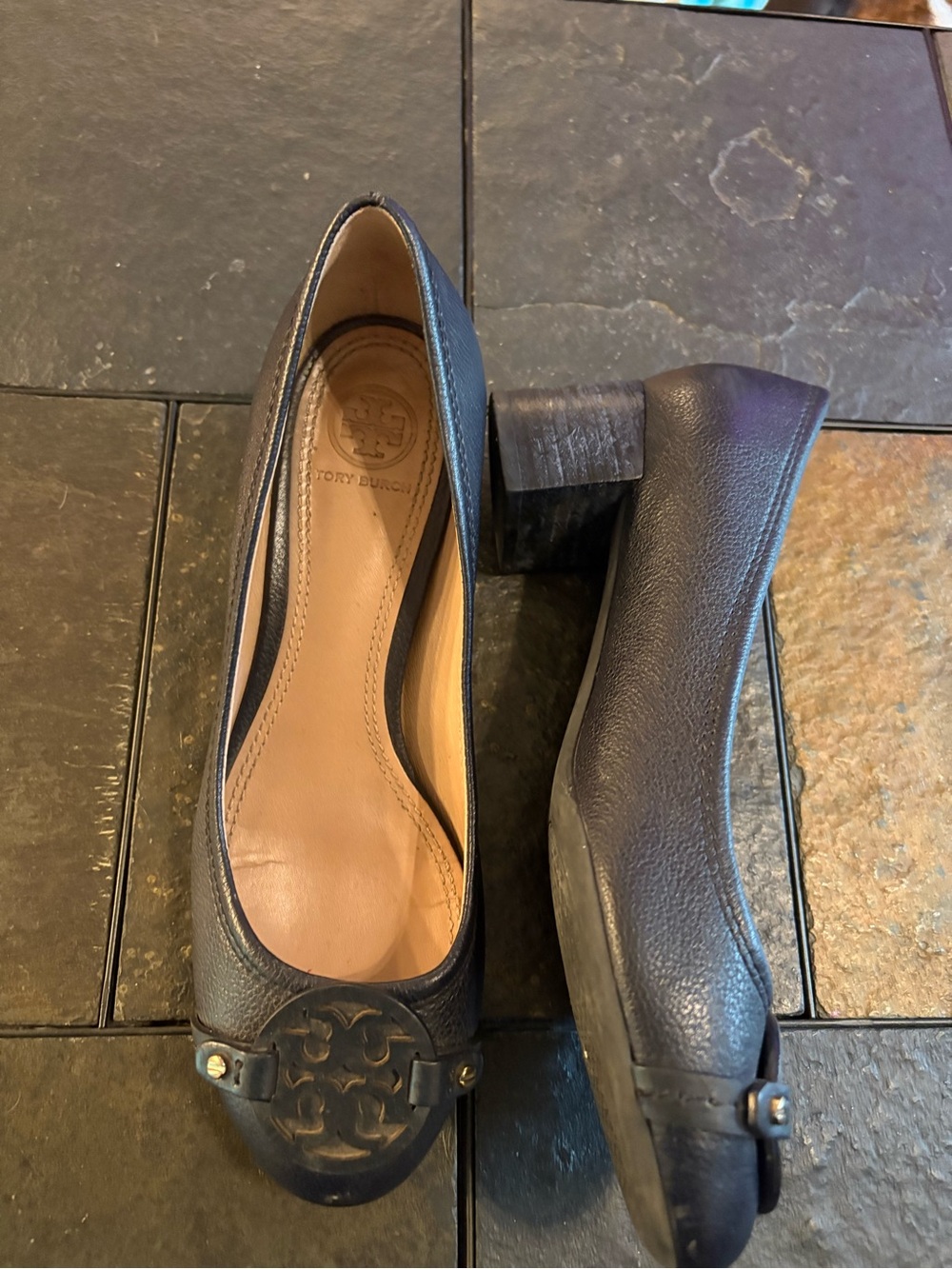 Tory Burch Navy BlueLeather Logo Block Heel Flats